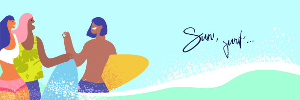 一群冲浪者在海滩上散步。快乐的年轻人夏天在海边休闲图片下载