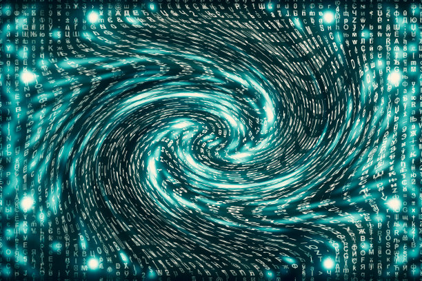 蓝色矩阵数字背景。扭曲的网络空间的概念。人物落入虫洞。入侵矩阵。虚拟现实设计。复杂的算法数据黑客。青色数字火花。图片下载