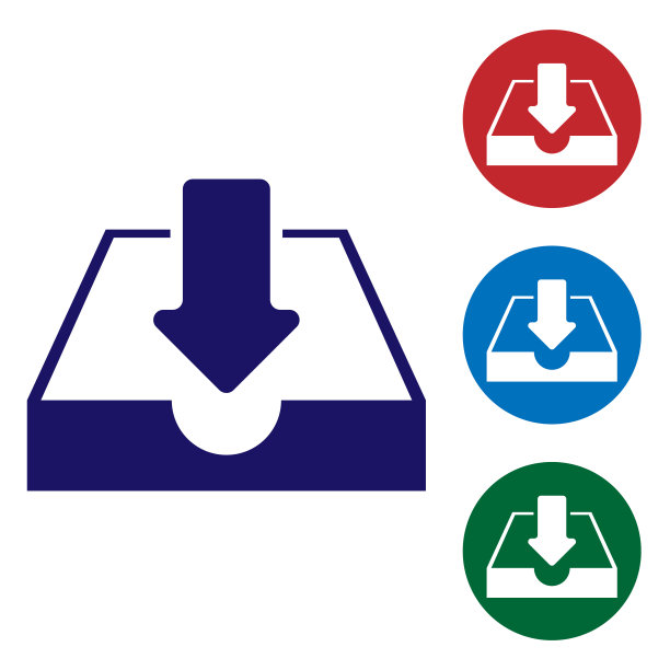 蓝色下载收件箱图标隔离在白色背景。设置圆形按钮中的颜色图标。矢量图图片下载