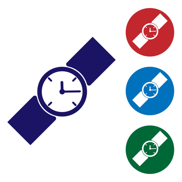 蓝色腕表图标隔离在白色背景。手表图标。设置圆形按钮中的颜色图标。矢量图图片下载