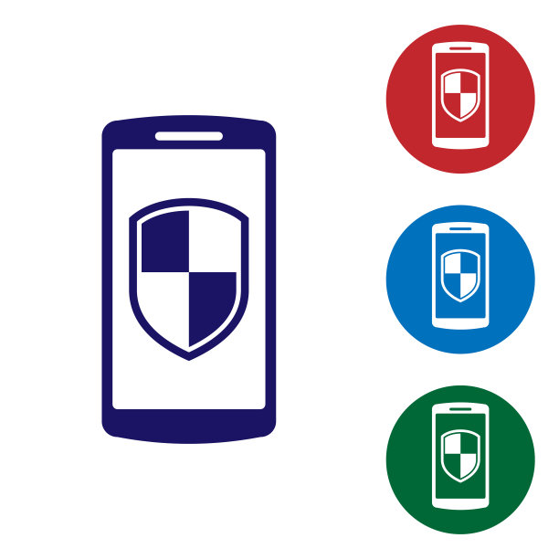 蓝色智能手机，手机与安全盾牌图标隔离在白色背景。设置圆形按钮中的颜色图标。矢量图图片下载