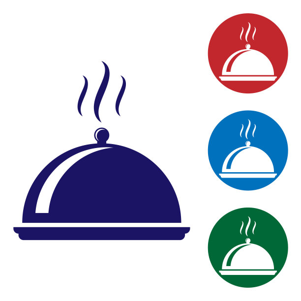 蓝色覆盖一个托盘食物图标孤立在白色的背景。托盘和盖子标志。带有盖子的餐厅钟摆。厨房用具的象征。设置圆形按钮中的颜色图标。矢量图图片下载
