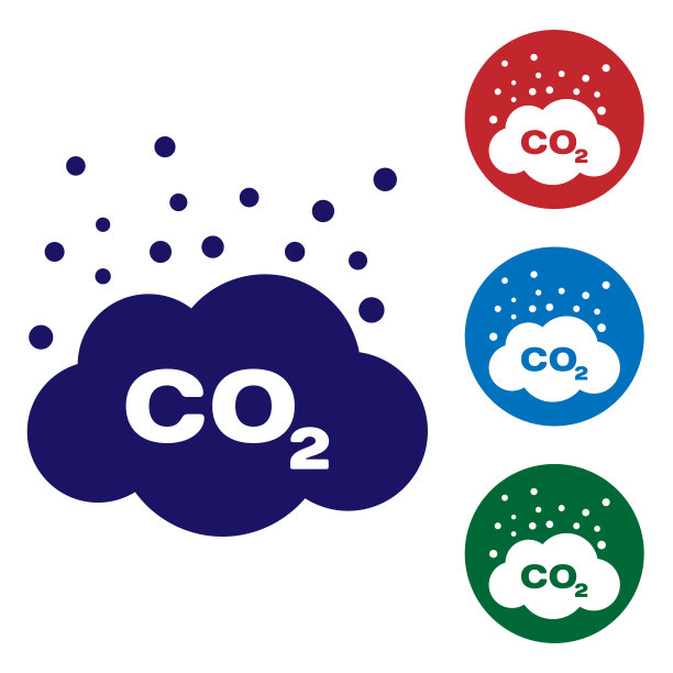 蓝色的二氧化碳排放量在云图标孤立的白色背景。二氧化碳公式符号，烟雾污染概念，环境概念。设置圆形按钮中的颜色图标。矢量图图片下载