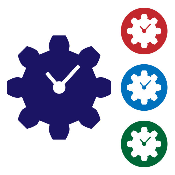 蓝色时间管理图标隔离在白色背景。时钟和齿轮标志。生产力的象征。设置圆形按钮中的颜色图标。矢量图图片下载