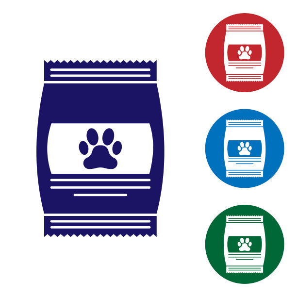 宠物食品的蓝色袋子图标隔离在白色的背景。动物的食物。宠物食品包装。狗或猫的爪印。设置圆形按钮中的颜色图标。矢量图图片下载