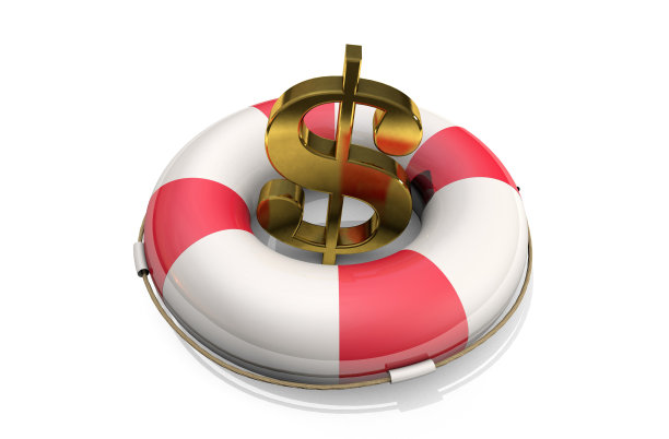 3d插图:黄金符号的美元在一个救生圈，孤立在白色的背景。支持美国经济。金融注入。美国货币。经营理念。图片下载