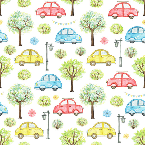 水彩无缝图案与卡通彩车在公园图片下载