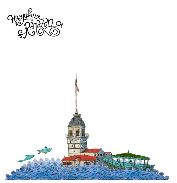 Ramadan Kareem伊斯坦布尔少女塔插图。白色背景隔离。图片下载