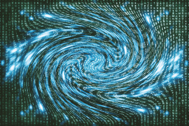 蓝色矩阵数字背景。扭曲的网络空间的概念。人物落入虫洞。入侵矩阵。虚拟现实设计。复杂的算法数据黑客。青色数字火花。图片下载