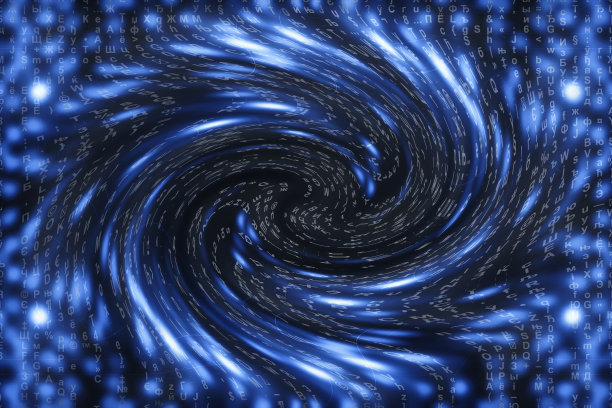 蓝色矩阵数字背景。扭曲的网络空间的概念。人物落入虫洞。入侵矩阵。虚拟现实设计。复杂的算法数据黑客。青色数字火花。图片下载