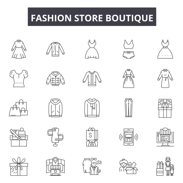 时装店精品线的图标，标志设置，矢量。时装店精品概念概述，插画:精品店，商店，商店，时尚，零售，商业，服装图片下载