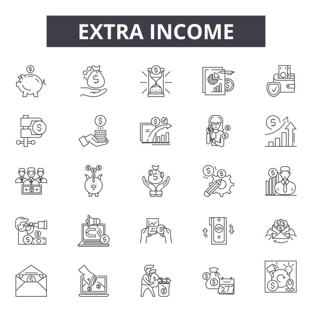 额外收入线图标，符号集，矢量。额外收入概述概念，说明:额外收入，收入，业务，金钱，财务，成功，财务，投资，利润图片下载