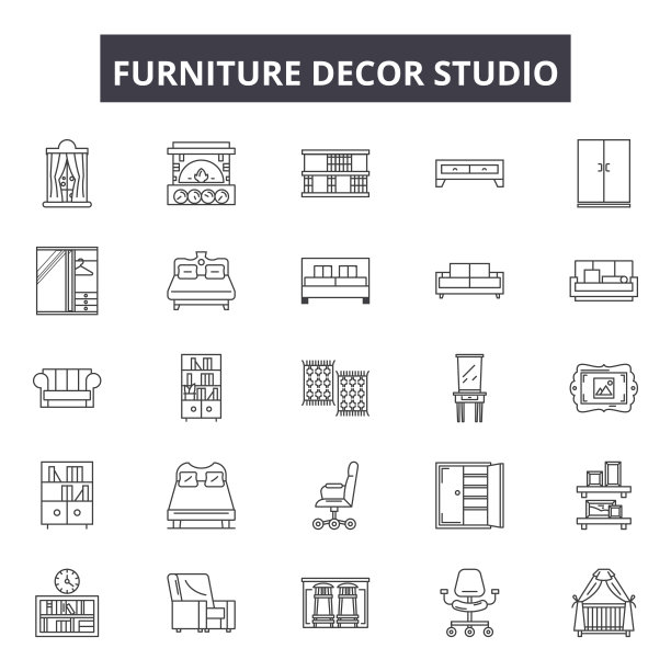 家具装饰工作室线条图标，标志集，矢量。家具装饰工作室大纲概念，插图:去家具，家，装饰，室内，工作室，现代图片下载