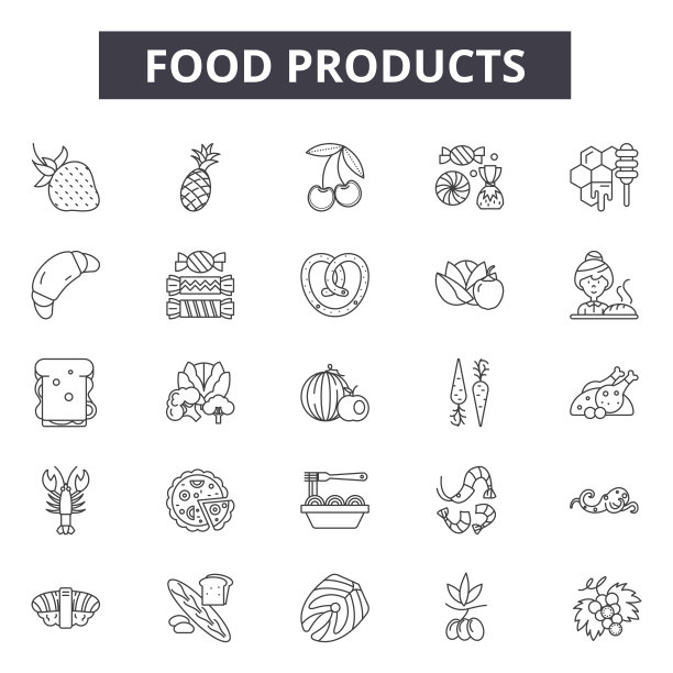 食品产品线性图标、标志集、矢量素材：食品、产品、隔离、健康图片下载