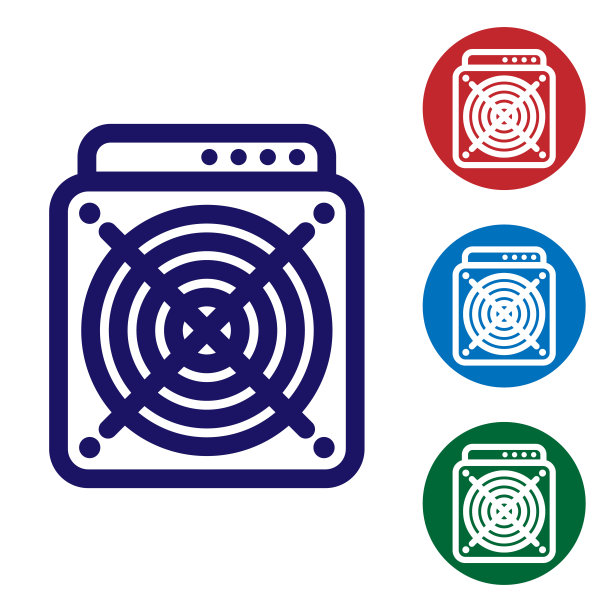 蓝色ASIC矿工图标隔离在白色背景。加密货币挖矿设备和硬件。应用专用集成电路。设置圆形按钮中的颜色图标。矢量图图片下载