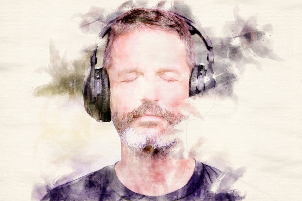 英俊的大胡子男子的肖像，戴着水彩画耳机图片下载