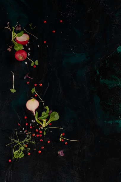 选择香料，香草和绿色蔬菜。原料烹饪。食物背景在黑色石板桌上。俯视图拷贝空间。图片下载