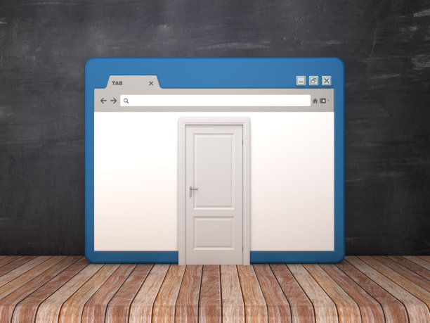 Web浏览器与关闭的门在黑板背景- 3D渲染图片下载
