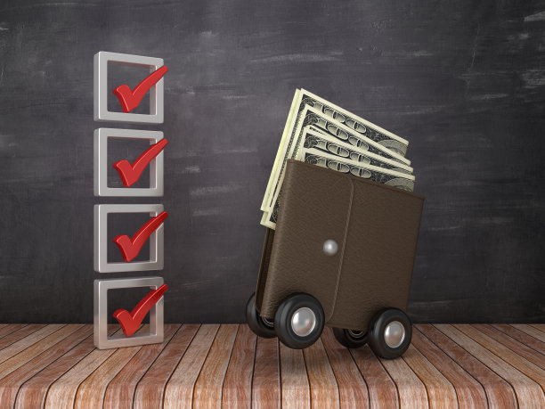 检查清单和钱包与美元钞票在轮子上-黑板背景- 3D渲染图片下载