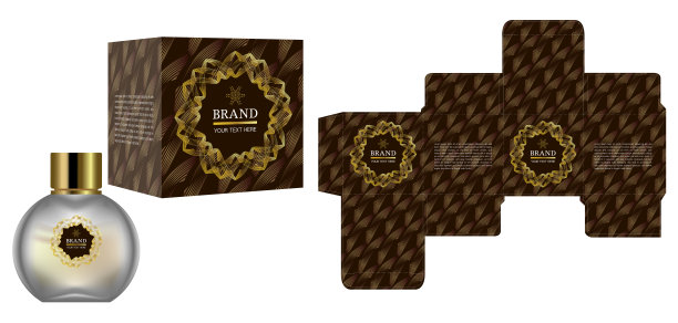 包装设计，标签在化妆品容器与黄金豪华盒模板和模型盒。说明向量。图片下载