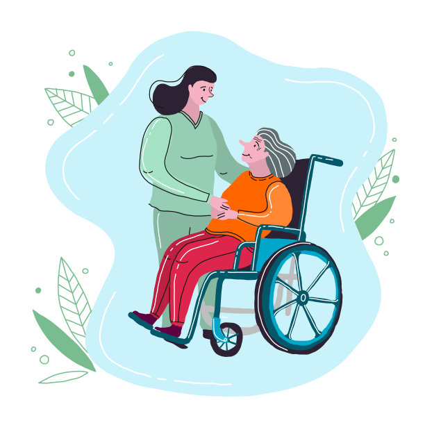 护士帮助老年妇女。照顾老人。矢量插图在一个手绘风格。图片下载