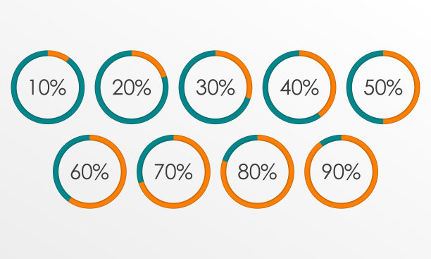 圆形图表集百分数。饼图信息图模板。10 20 30 40 50 60 70 80 90%。矢量插图。图片下载