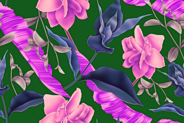 彩色无缝模式与热带花和叶。图片下载