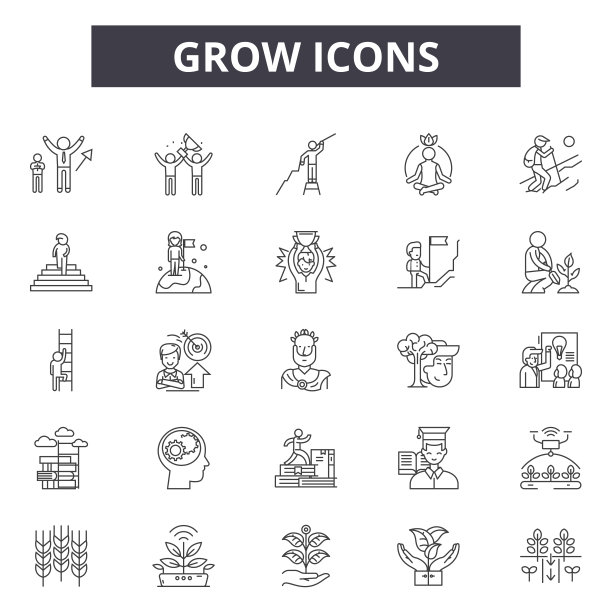 成长线图标，符号集，矢量。生长轮廓概念，插图:生长，生长，植物，种子，叶子，线图片下载