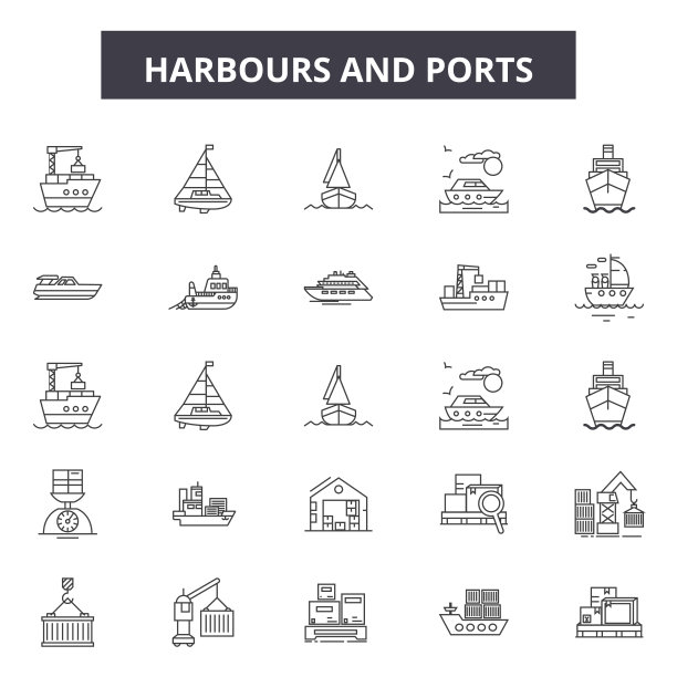 港口线条图标，标志设置，矢量。港口概述概念，插图:港口，港口，集装箱，商业，货运，运输，船舶图片下载