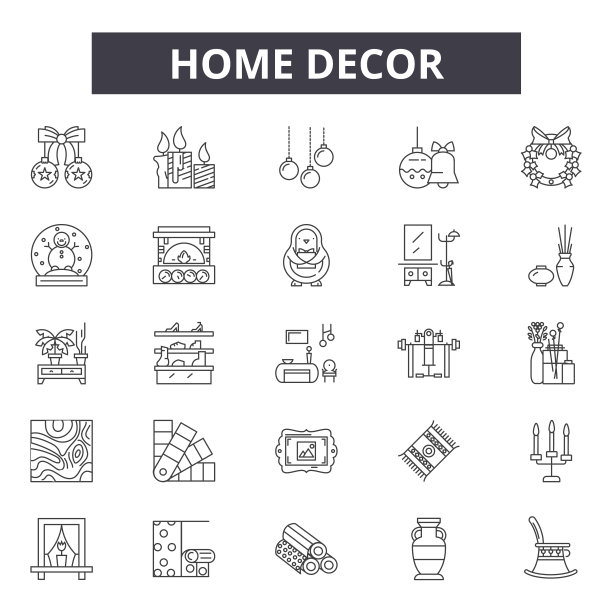 家居装饰线图标，标志设置，向量。家居装饰大纲概念，插图:孤立，装饰，去背景，剪影，图形，家居装饰图片下载