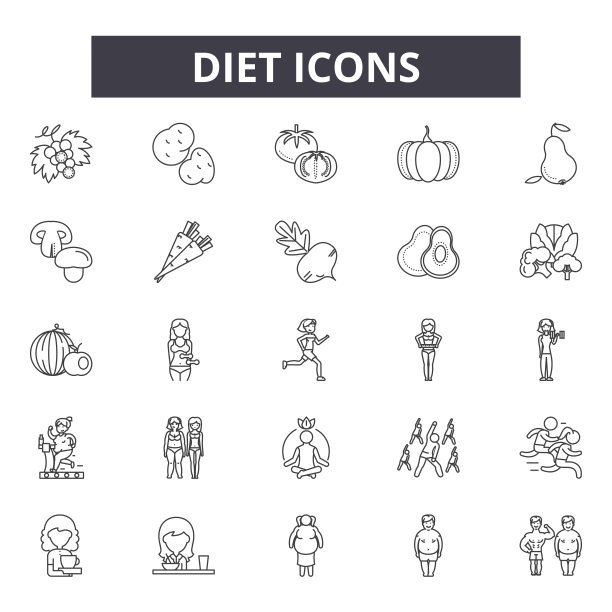 饮食线图标，标志设置，向量。饮食大纲概念，说明:饮食，健康，苹果，健身，食物，体重，运动，运动图片下载