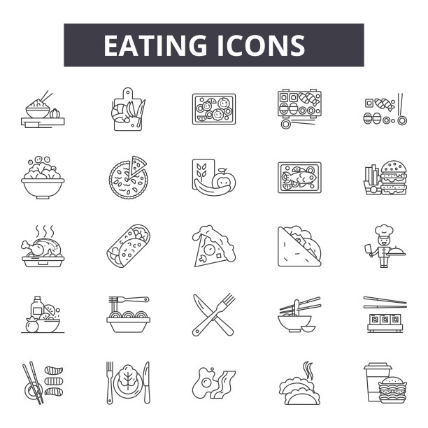 吃线图标，标志设置，矢量。饮食大纲概念，插图:食物，晚餐，吃，叉，午餐，孤立图片下载