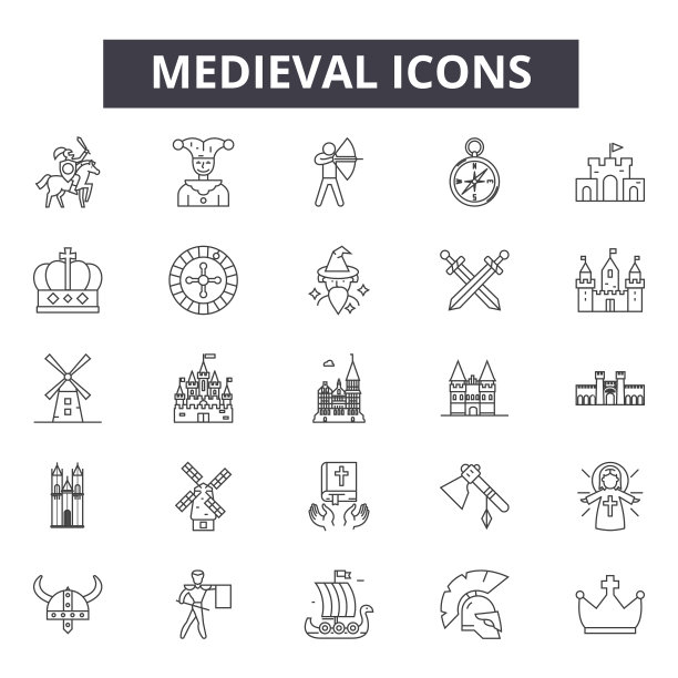 中世纪线条图标，标志集，向量。中世纪概述概念，插图:中世纪，城堡，骑士，古代，盾牌，国王图片下载