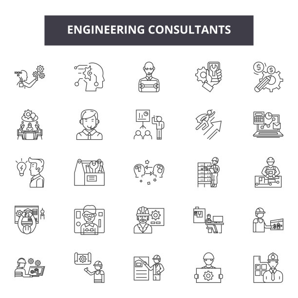 工程顾问线图标，标志集，矢量。工程顾问概述概念，说明:工程师，业务，技术，概念，管理，咨询，人图片下载