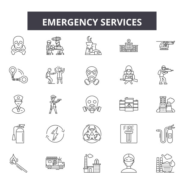 紧急服务线性图标、标志集，矢量图。紧急服务概念轮廓示意：紧急，服务，帮助，支持图片下载