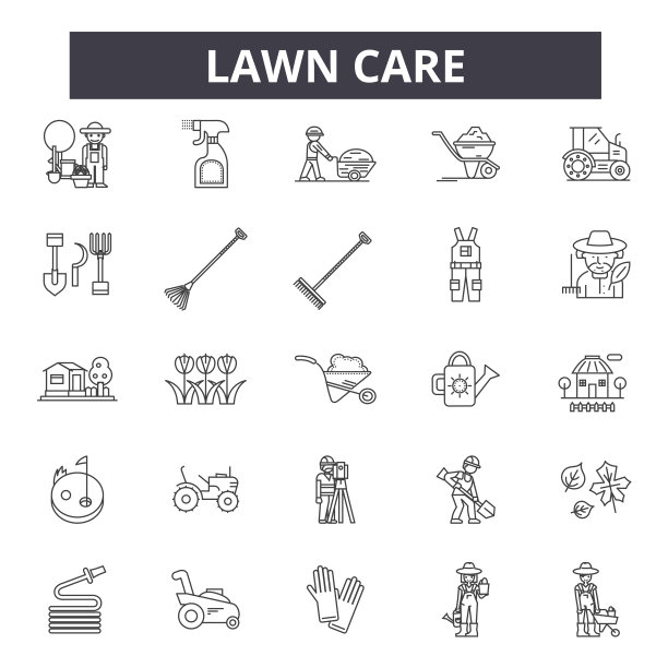 草坪养护线图标，标志设置，矢量。草坪护理大纲概念，插图:护理，园艺，草坪，植物，自然，花园，设计图片下载