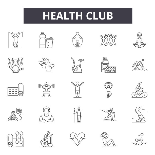 健身俱乐部线路图标，标志集合，矢量。健身俱乐部大纲概念，说明:健康，俱乐部，健身房，健身，运动，健康图片下载