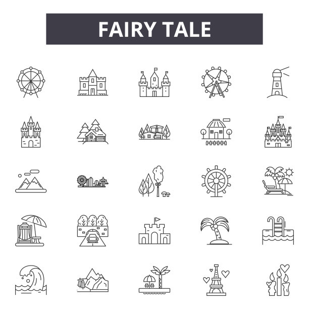 童话线图标，符号集合，矢量。童话大纲概念，插图:魔法，幻想，城堡，童话，故事，龙，公主图片下载