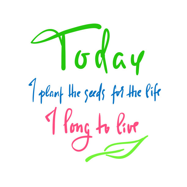 今天，我为我渴望的生活播下种子——激励和激励。英语习语,俚语。刻字。打印励志海报，t恤，袋子，杯子，卡片，传单，贴纸，徽章。图片下载