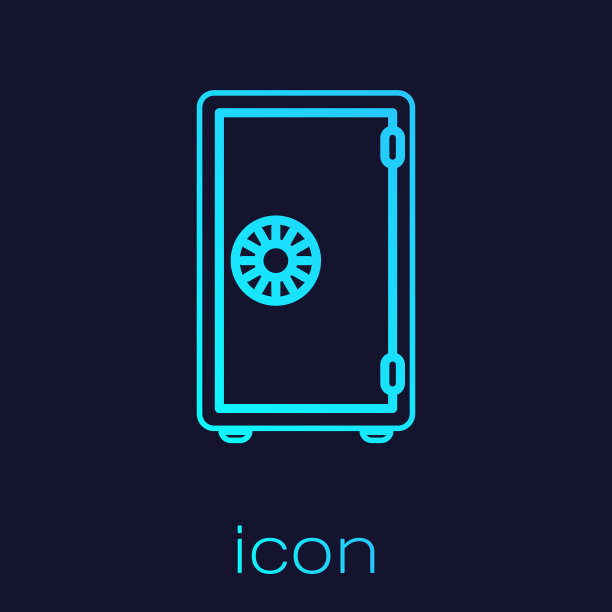 绿松石安全线图标隔离在蓝色背景。这扇门是银行保险库的保险箱，上面有密码锁。可靠的数据保护。矢量图图片下载