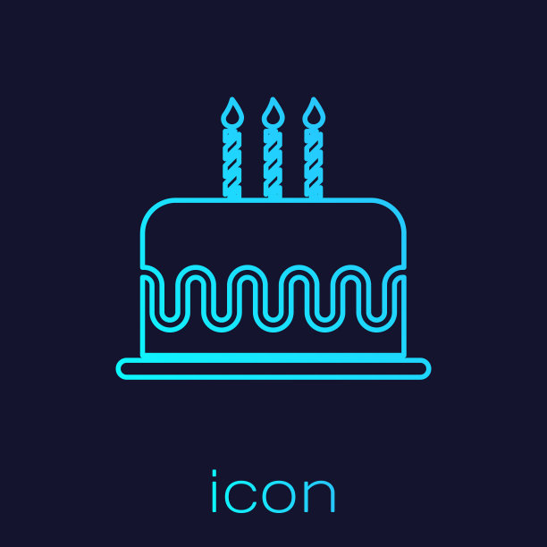 绿松石蛋糕与燃烧的蜡烛线图标孤立在蓝色背景。生日快乐。矢量图图片下载