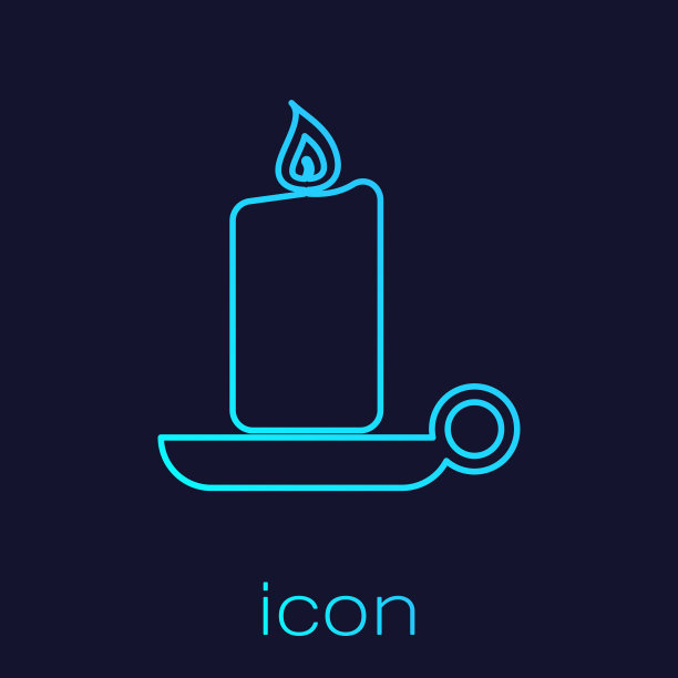 燃烧的蜡烛在烛台线图标孤立在蓝色的背景。老式点燃的蜡烛。圆柱形芳香蜡烛棒燃烧火焰。矢量图图片下载