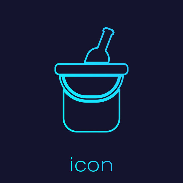 蓝绿色酒瓶在冰桶线图标孤立在蓝色背景。矢量图图片下载