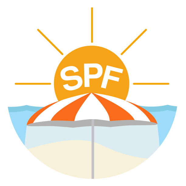 矢量徽章，防止强光照射的标志。暑假，防晒霜，橙色的雨伞在沙滩上，背景上写着SPF图片下载