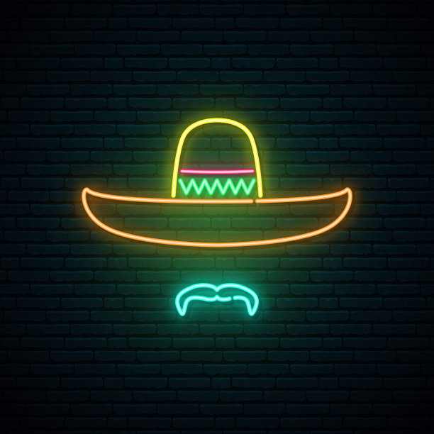 黑色砖墙背景上的宽边帽和八字胡闪闪发光的霓虹灯标志。五月五日节的旗帜。矢量插图。图片下载