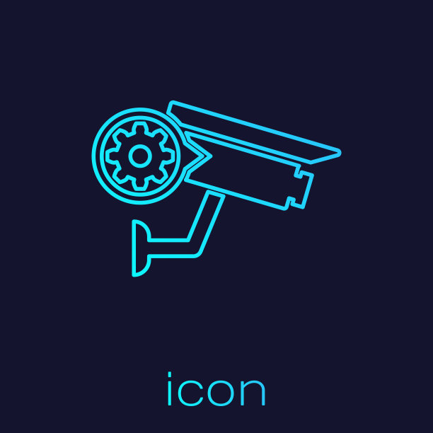 绿松石安全摄像头和齿轮线图标隔离在蓝色背景。调整app，服务理念，设置选项，维护，维修，固定。矢量图图片下载