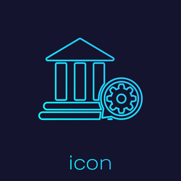 绿松石银行建筑和齿轮线图标孤立在蓝色背景上。调整app，服务理念，设置选项，维护，维修，固定。矢量图图片下载