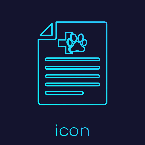 绿松石色旅行医疗证明，蓝色背景上有孤立的狗或猫线图标。文档的宠物。狗或猫的爪印。矢量图图片下载