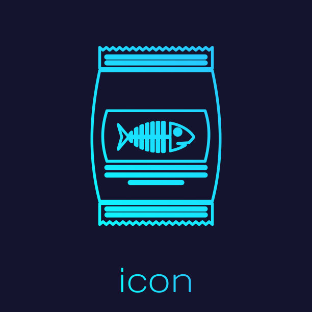 绿松石袋食物猫线图标孤立在蓝色背景。鱼骨架的迹象。动物的食物。宠物食品包装。矢量图图片下载