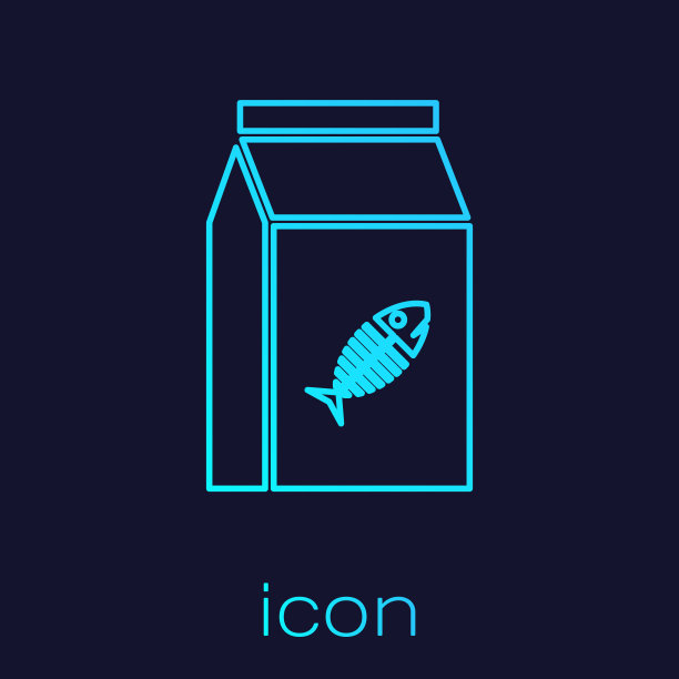 绿松石袋食物猫线图标孤立在蓝色背景。鱼骨架的迹象。动物的食物。宠物食品包装。矢量图图片下载